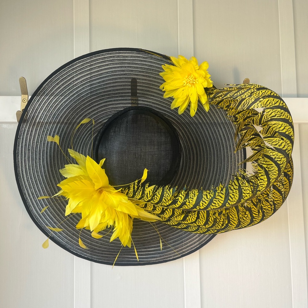 The Hat Girls Black Wide-Brim Hat with Yellow Floral & Feather Accents THG2846